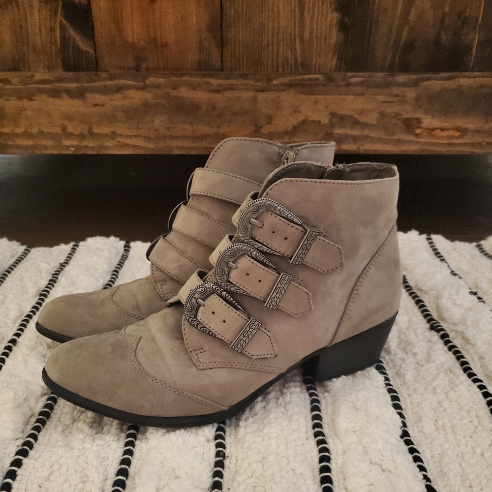 Taupe Ankle Booties with Buckles